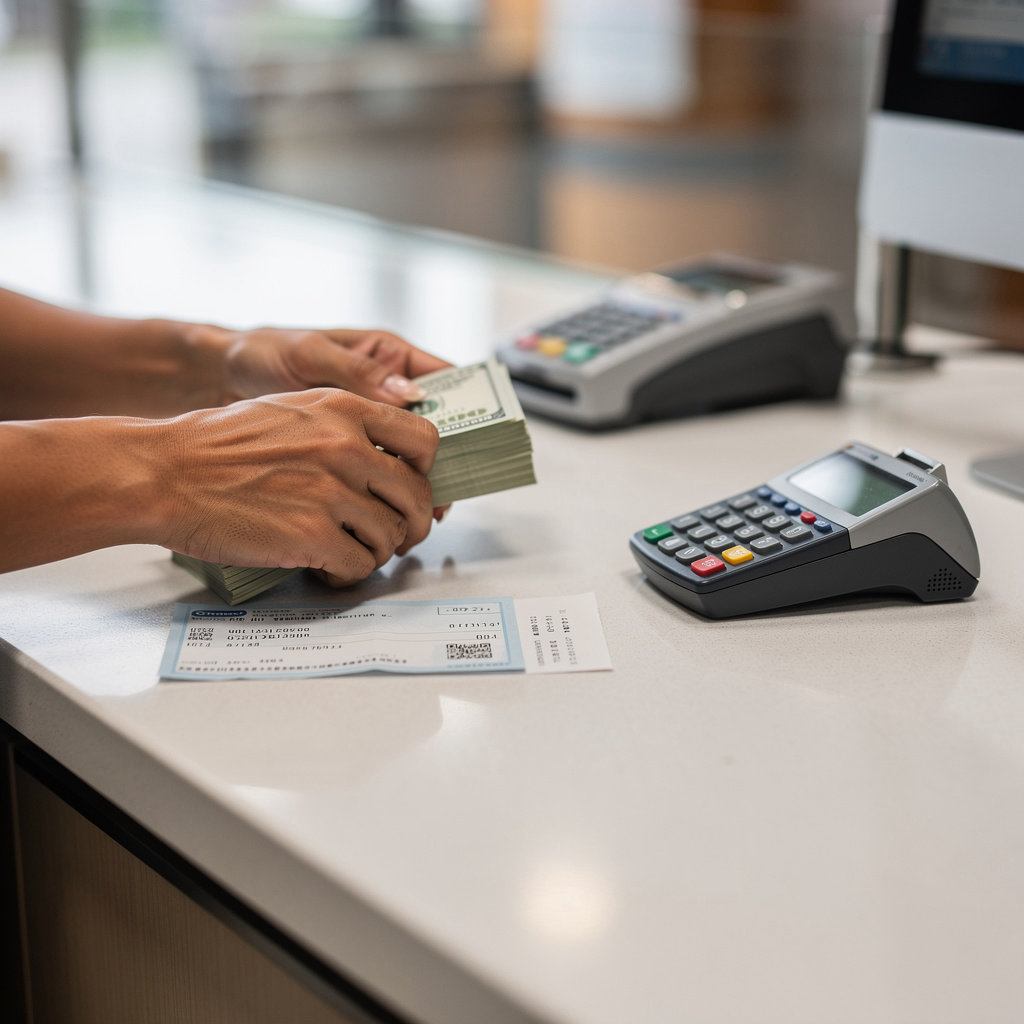CHECK CASHING STATION professional staff assisting a customer with financial services in Lakewood, NJ