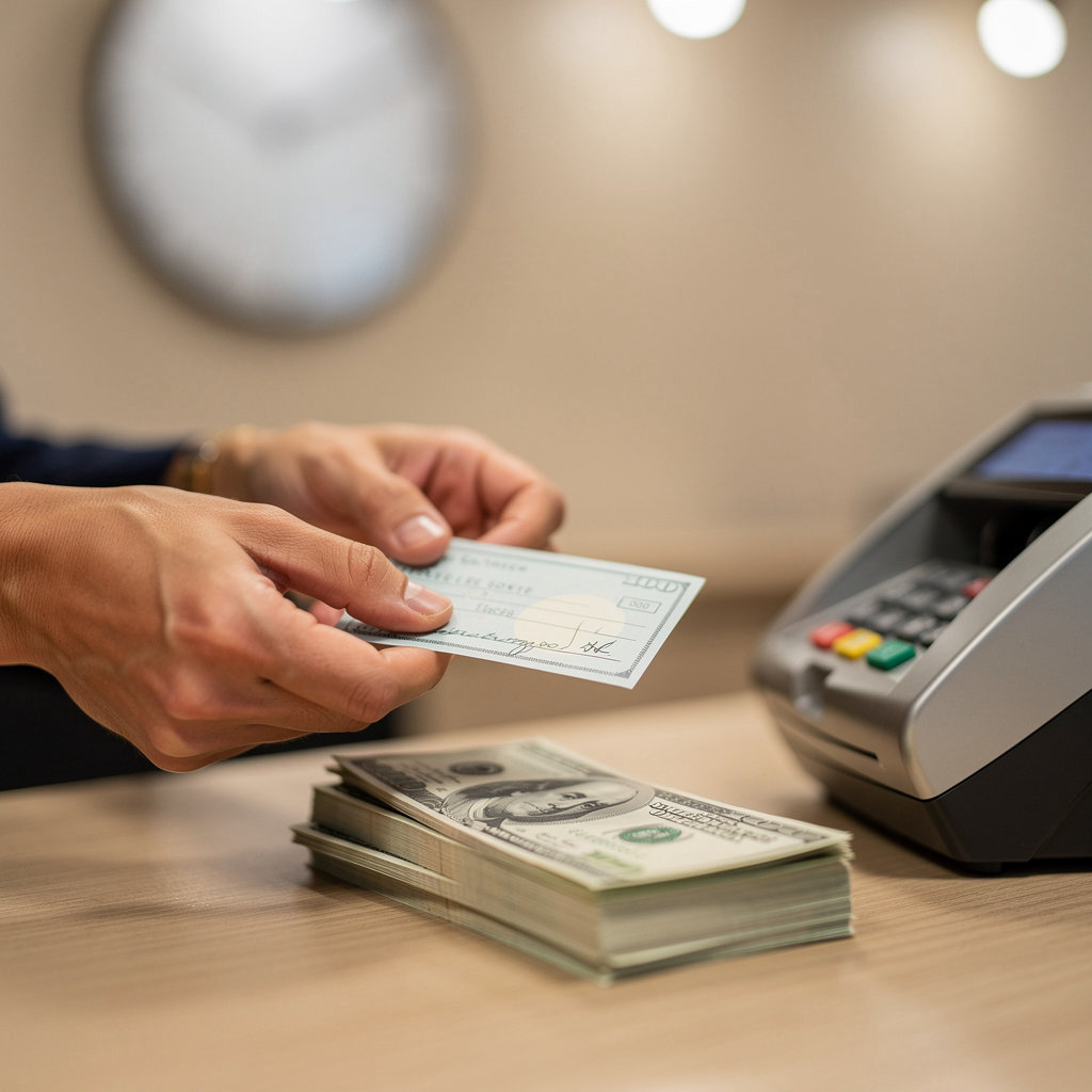 CHECK CASHING STATION friendly staff assisting a customer with check cashing and financial services in Lakewood, NJ
